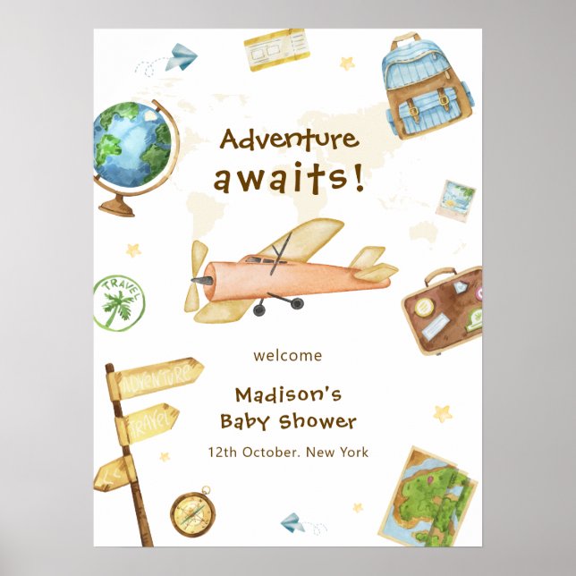 Póster Around The World Airplane Baby Shower Welcome  (Frente)