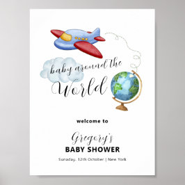 Póster Around The World Map Airplane Baby Shower Welcome