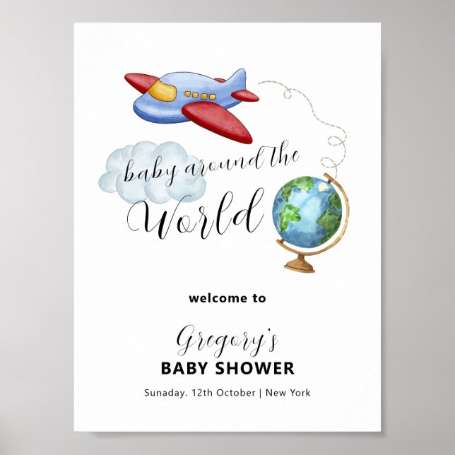 Póster Around The World Map Airplane Baby Shower Welcome (Frente)