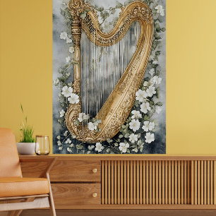 Póster arpa ornamental rodeada de flores blancas
