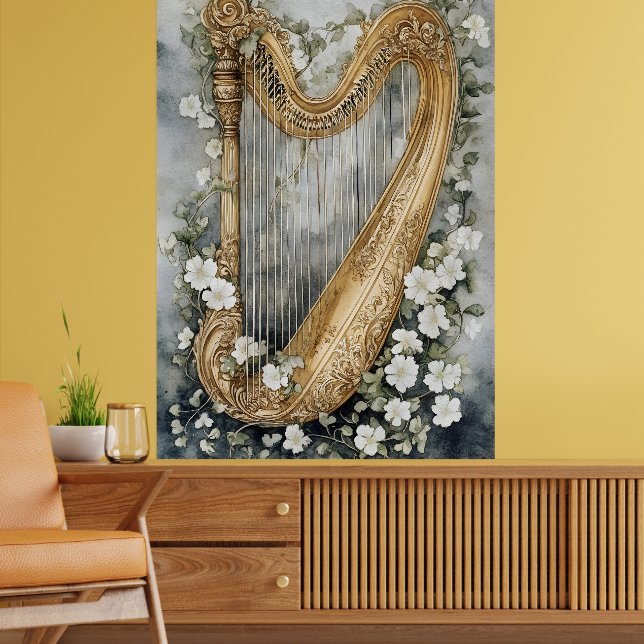 Póster arpa ornamental rodeada de flores blancas (Salón 2)
