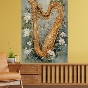 Póster arpa ornamental rodeada de flores blancas