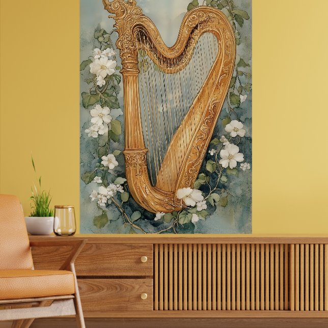 Póster arpa ornamental rodeada de flores blancas (Salón 2)