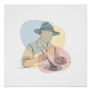 Póster Arqueólogo de una línea de arte continuo
