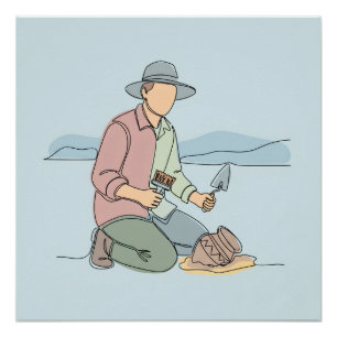 Póster Arqueólogo simple de una línea de arte continuo