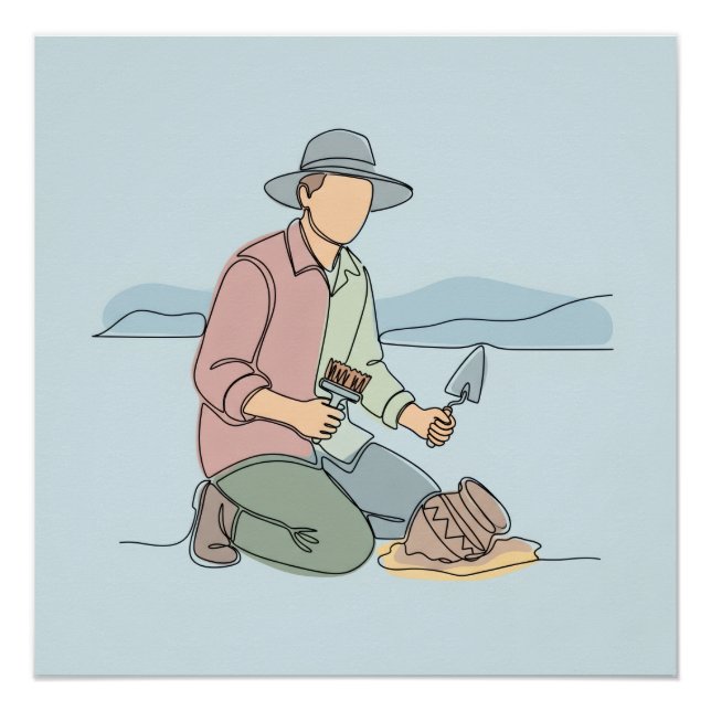Póster Arqueólogo simple de una línea de arte continuo (Anverso)