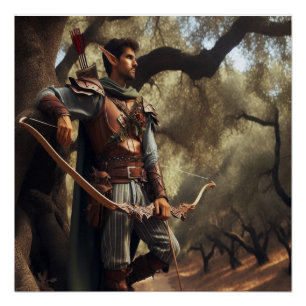 Póster Arquero de Elfo Fantasía descansando en un bosque 