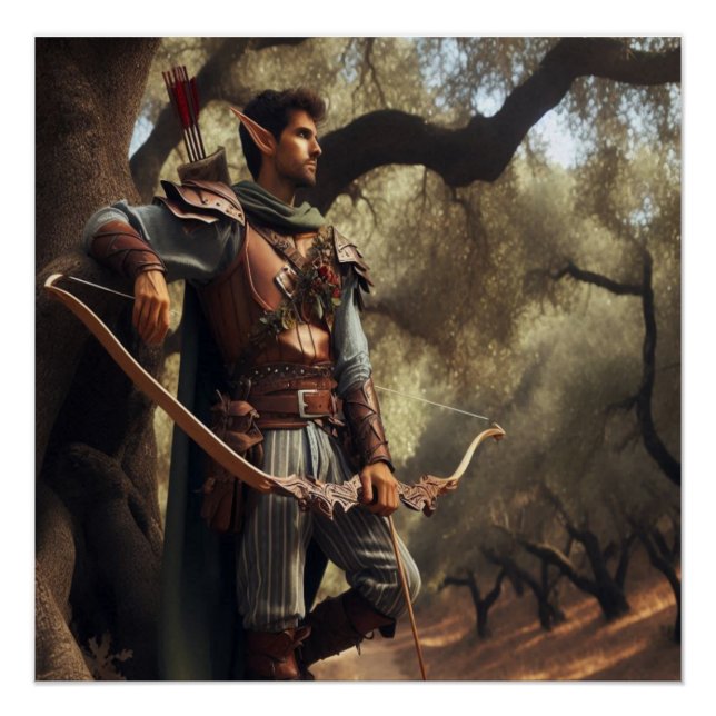 Póster Arquero de Elfo Fantasía descansando en un bosque  (Anverso)