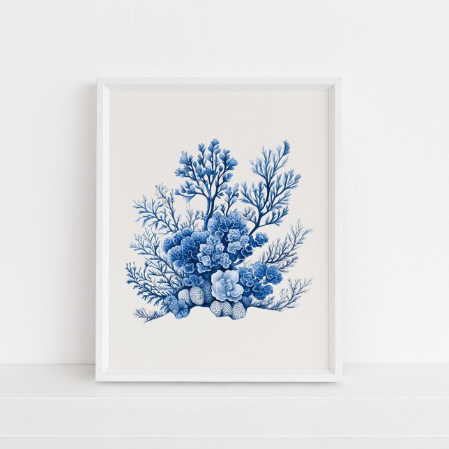 Póster Arrecife de coral - Azul costero en beige (Coral Reef – Coastal Blue on Beige Poster in a white frame on the floor)