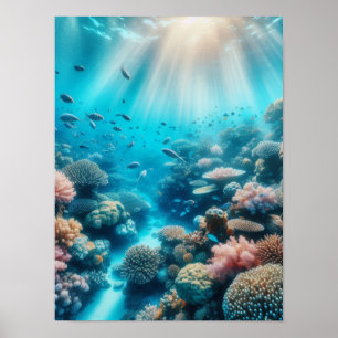 Póster Arrecife oceánico y rayos de sol