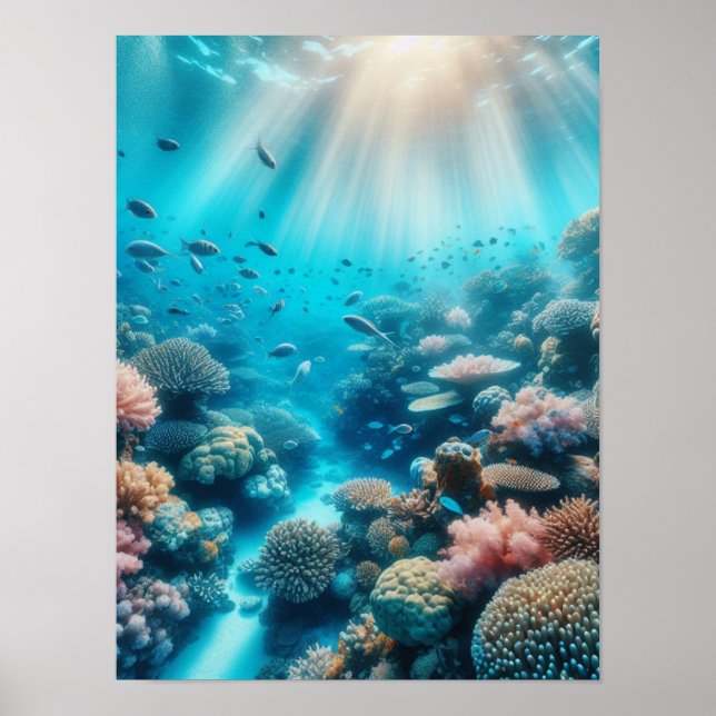 Póster Arrecife oceánico y rayos de sol (Frente)