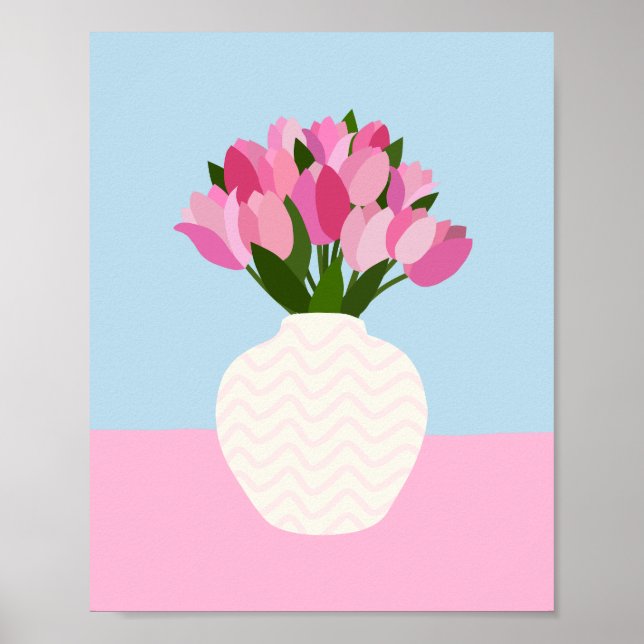 Póster Arreglo De Tulipán Vasa Floral Rosa Y Azul (Frente)