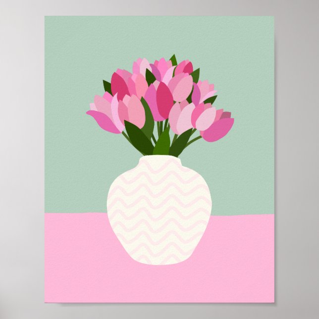 Póster Arreglo De Tulipán Vasa Floral Rosa Y Verde (Frente)
