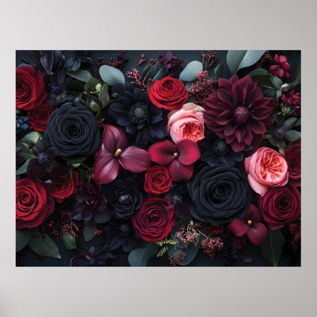 Póster Arreglo floral oscuro y elegante con rosas (Frente)
