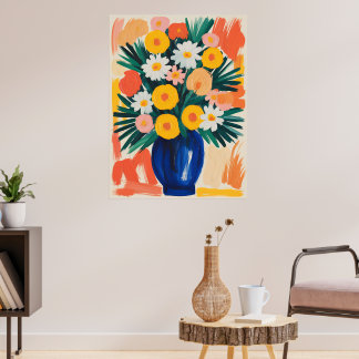 Póster Arreglo floral vibrante en jarrón azul
