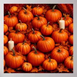 Póster Arreglo otoñal de calabazas con hojas