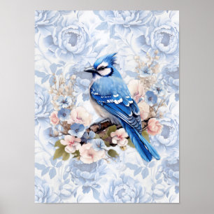 Póster Arrendajo azul con flores azules de aciano y rosad