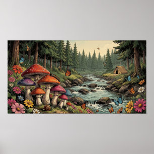 Póster Arroyo Caprichoso del Bosque con Hongos, Mariposas