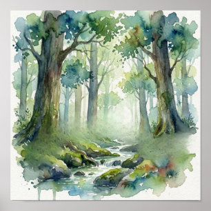 Póster Arroyo del Bosque Encantado: Aquarela Verde Etéreo