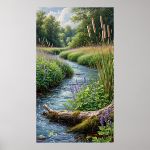 Póster Arroyo Forestal Con Lupinos Purpúreas