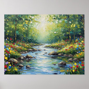 Póster Arroyo forestal iluminado por el sol