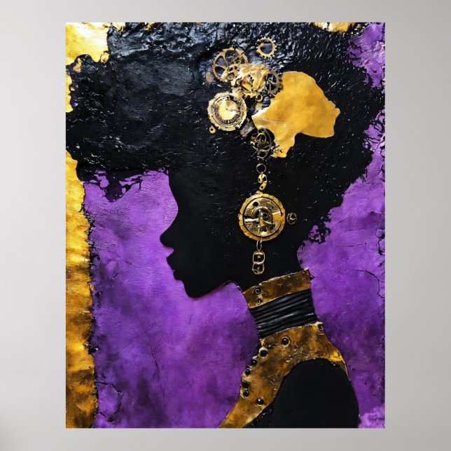 Póster Art_Afrofuturista Steampunk Woman en morado (Frente)