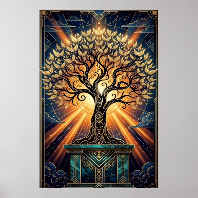 Póster Art Deco Angelic Feather Tree Gold & Midnight Post (Frente)