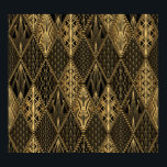Póster Art Deco Black Gold Elegance<br><div class="desc">Patrón Art Decó. Fondo dorado y negro impecable. Las conchas metálicas o las escalas adornan los rombos. Diseño geométrico minimalista. Líneas antiguas. Motivos de los años 20-30. El retrato vintage de lujo. Patrón Art Deco - elegancia en negro y oro. Podrá disfrutar de las lujosas vibraciones de la época. Adentro...</div>