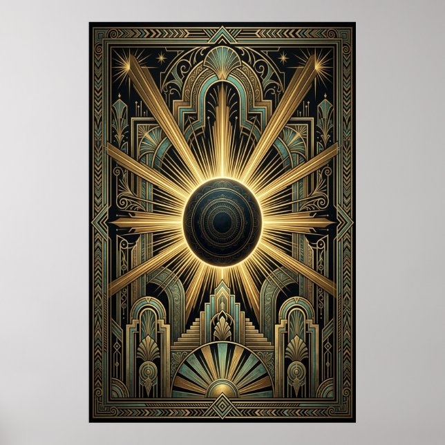 Póster Art Deco Black Hole Celestial Poster | Gold Teal  (Frente)