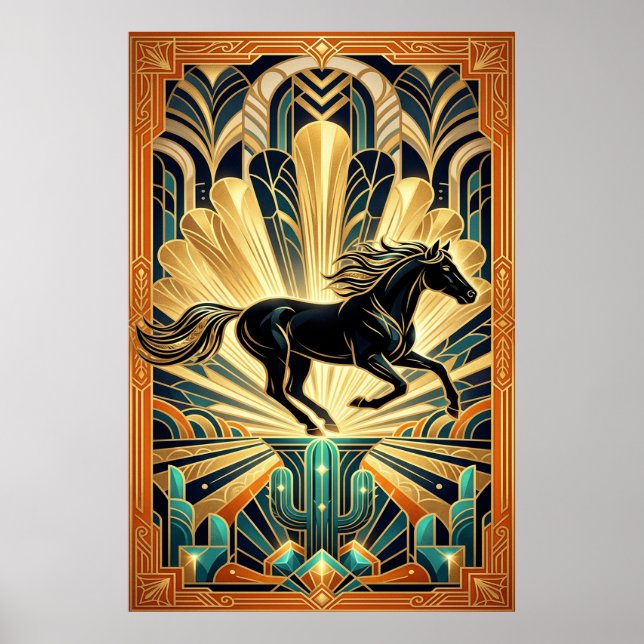 Póster Art Deco Black Horse Cactus Palace Gold Teal Poste (Frente)