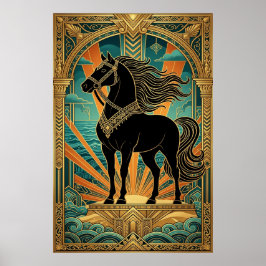 Póster Art Deco Black Horse Statue Sunburst Teal Gold