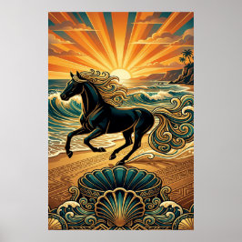 Póster Art Deco Black Stallion Beach Waves Sunset Poster