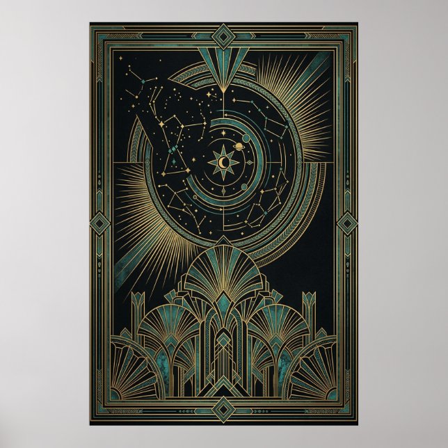 Póster Art Deco Celestial Astrolabe Poster | Gold Teal (Frente)