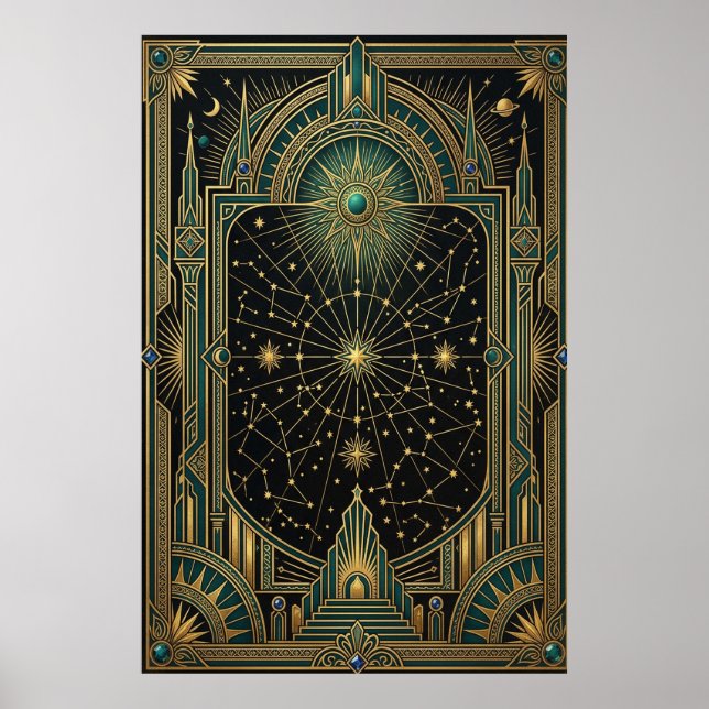 Póster Art Deco Celestial Star Map Poster | Gold Teal (Frente)