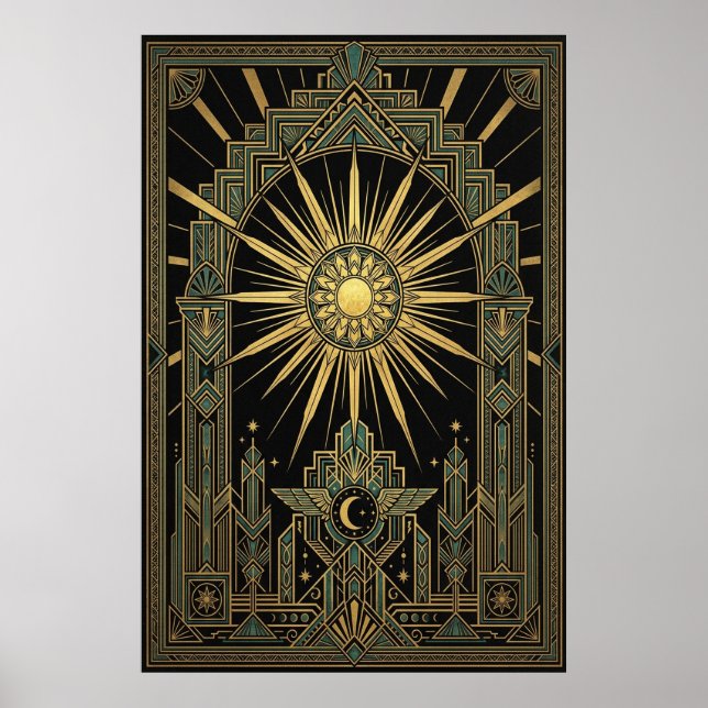 Póster Art Deco Celestial Sun & Moon Poster | Gold Geomet (Frente)