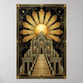 Póster Art Deco Celestial Temple Poster | Gold Sunburst 