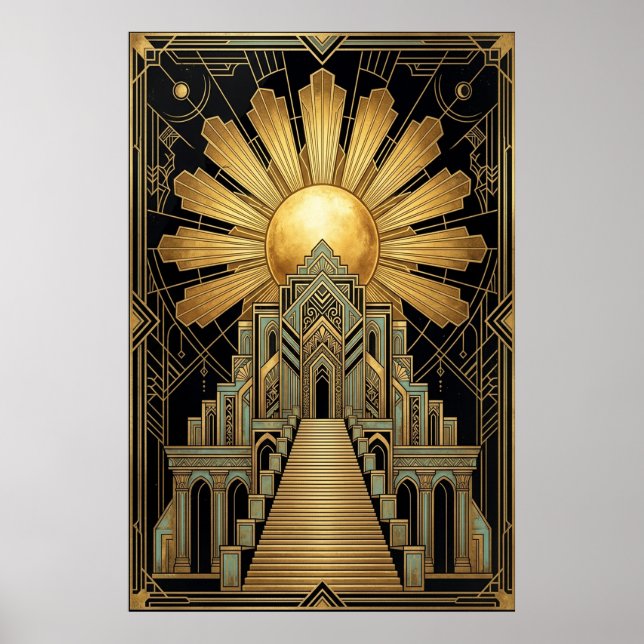 Póster Art Deco Celestial Temple Poster | Gold Sunburst  (Frente)
