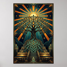 Póster Art Deco Celtic Tree of Life Pyramid Gold Teal 