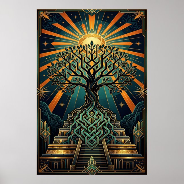 Póster Art Deco Celtic Tree of Life Pyramid Gold Teal  (Frente)