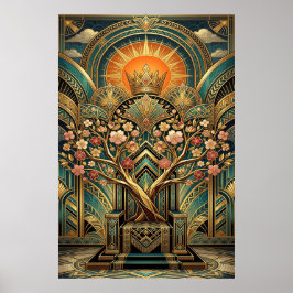 Póster Art Deco Cherry Blossom Tree Throne Gold Teal