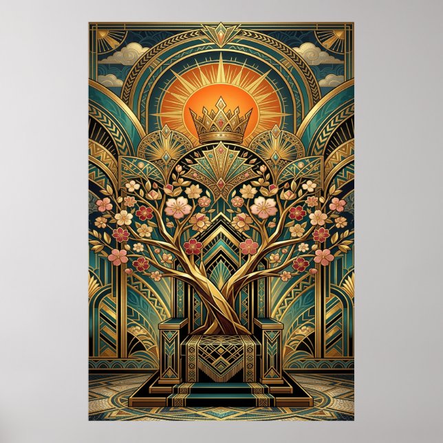 Póster Art Deco Cherry Blossom Tree Throne Gold Teal (Frente)