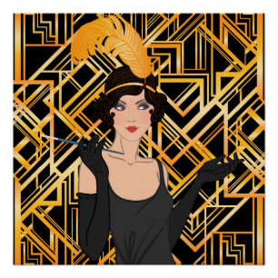 Póster art deco, chica de aletas, vintage, gran Gatsby, m