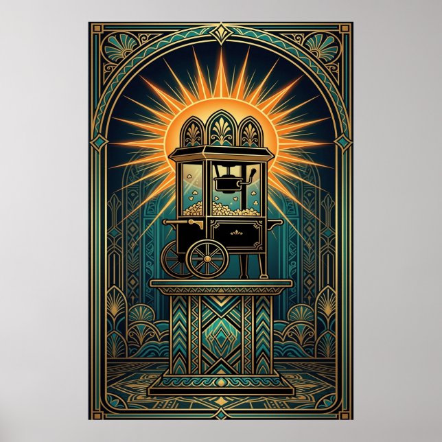 Póster Art Deco Cinema Popcorn Machine Gold & Teal (Frente)
