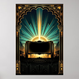 Póster Art Deco Cinema Popcorn Machine Gold & Teal