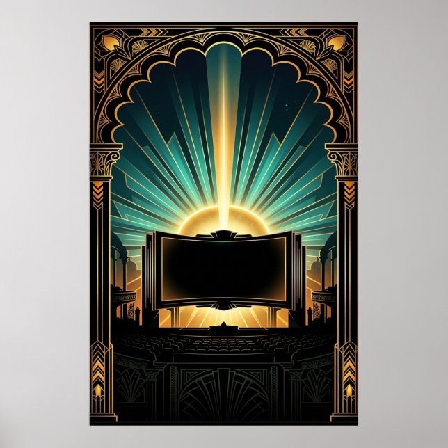 Póster Art Deco Cinema Popcorn Machine Gold & Teal (Frente)