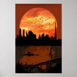 Póster Art Deco City Skyline Sunset Geometric Gold & Bron