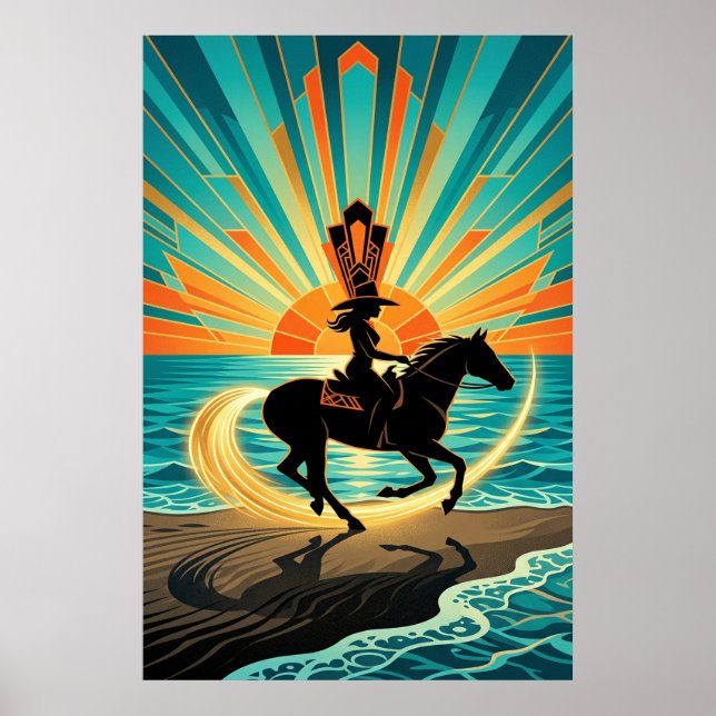 Póster Art Deco Cowgirl Horse Beach Waves Sunset Poster (Frente)