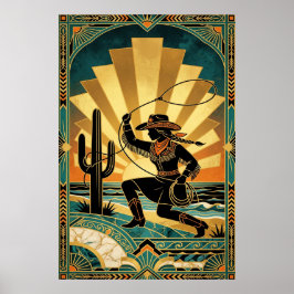 Póster Art Deco Cowgirl Lasso Cactus Desert Sunset Poster