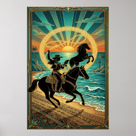 Póster Art Deco Cowgirl Lasso Horse Beach Sunset Poster