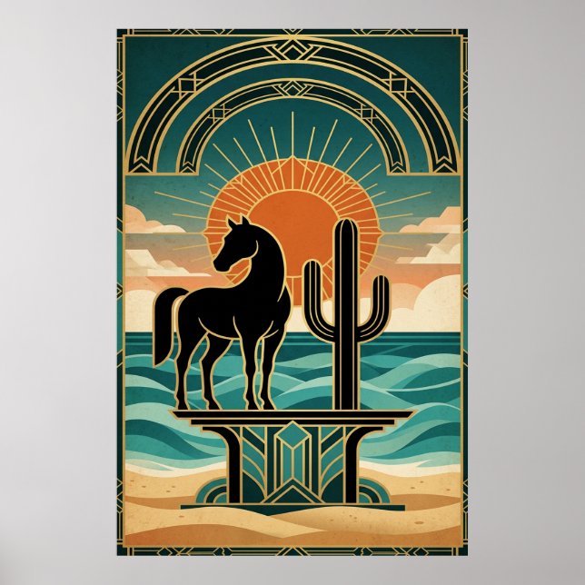Póster Art Deco Cubist Woman Celestial Sunburst Gold Teal (Frente)
